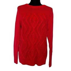 NWT Lands'End Drifter Red Cherry Jam Cable‎ Knit Cotton Sweater Size Medium